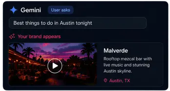 Gemini answering "Best things to do in Austin tonight" — your brand (Malverde) appears