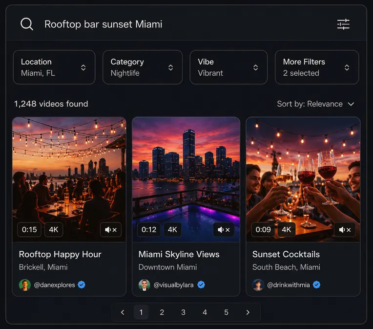 Atmosfy search results for licensed creator video, filtered by location, category and vibe